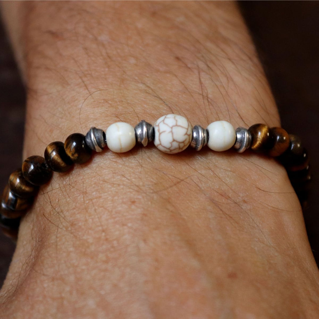 Pulsera de bolas hombre Kagami de ojo de tigre con piezas de piedra blanca y plata 925