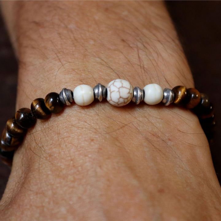 Pulsera de bolas hombre Kagami de ojo de tigre con piezas de piedra blanca y plata 925