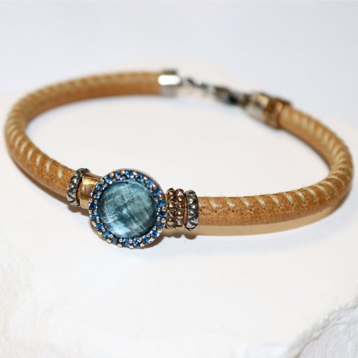 Pulsera Mujer Bruma de Plata 925 con circonitas aguamarina cuero
