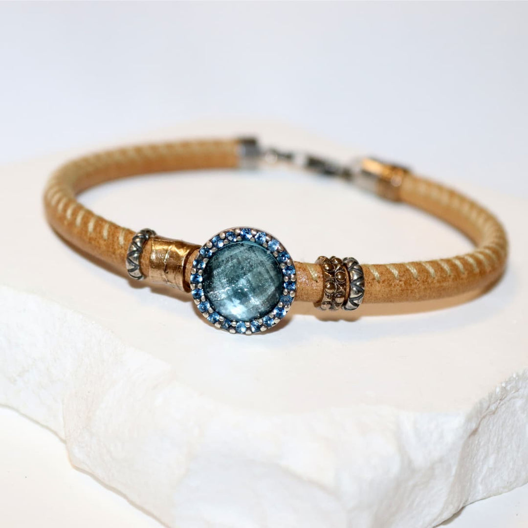 Pulsera Mujer Bruma de Plata 925 con circonitas aguamarina cuero