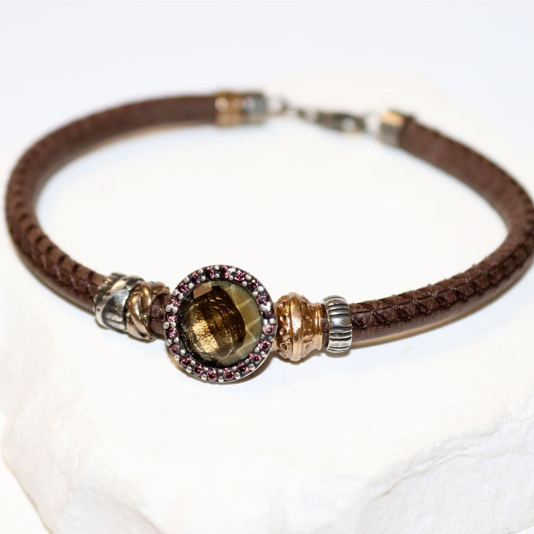Pulsera Mujer Sahara de Plata 925 con circonitas cuarzo fumé cuero