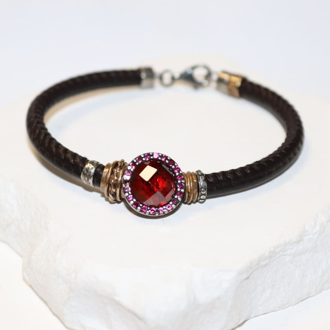 Pulsera Mujer Sienna de Plata 925 con circonitas granate cuero