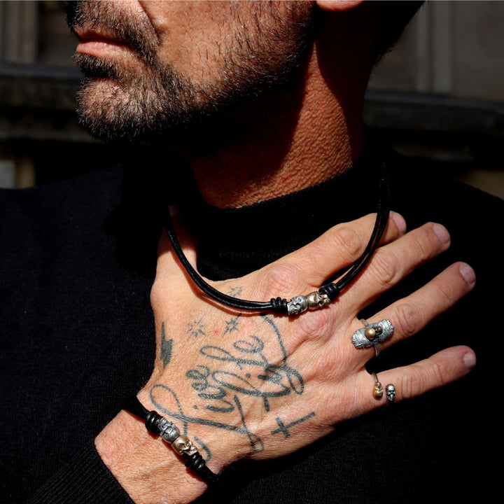Collar Calavera Flaherty con Plata 925, cuero y bronce