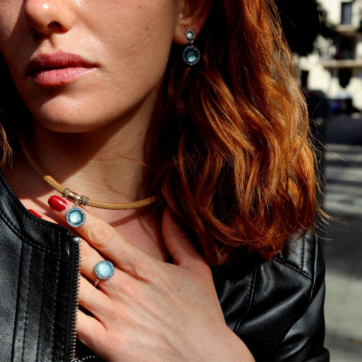 Collar Mujer Bruma de Plata 925 con circonitas aguamarina cuero