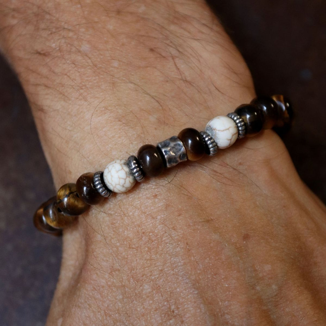 Pulsera de bolas hombre Soma de ojo de tigre con piezas de piedra blanca y plata 925
