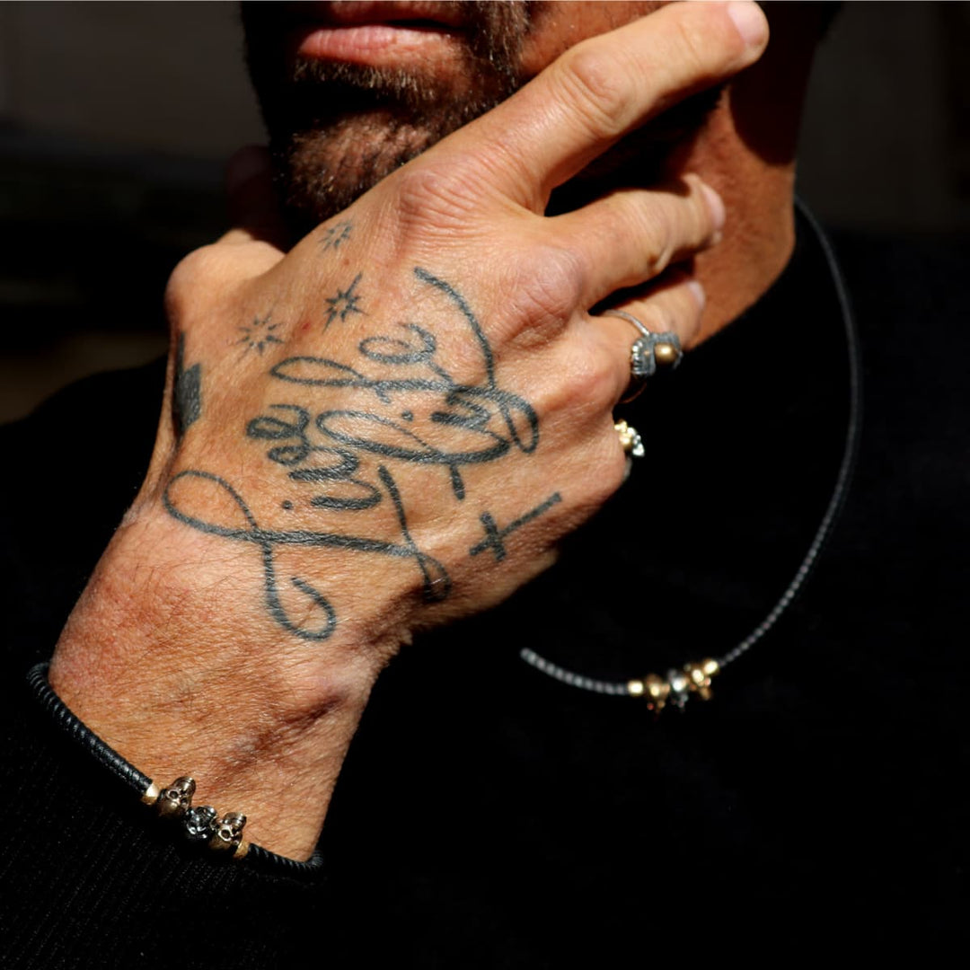 Pulsera Calavera Rif de Plata 925, cuero y bronce