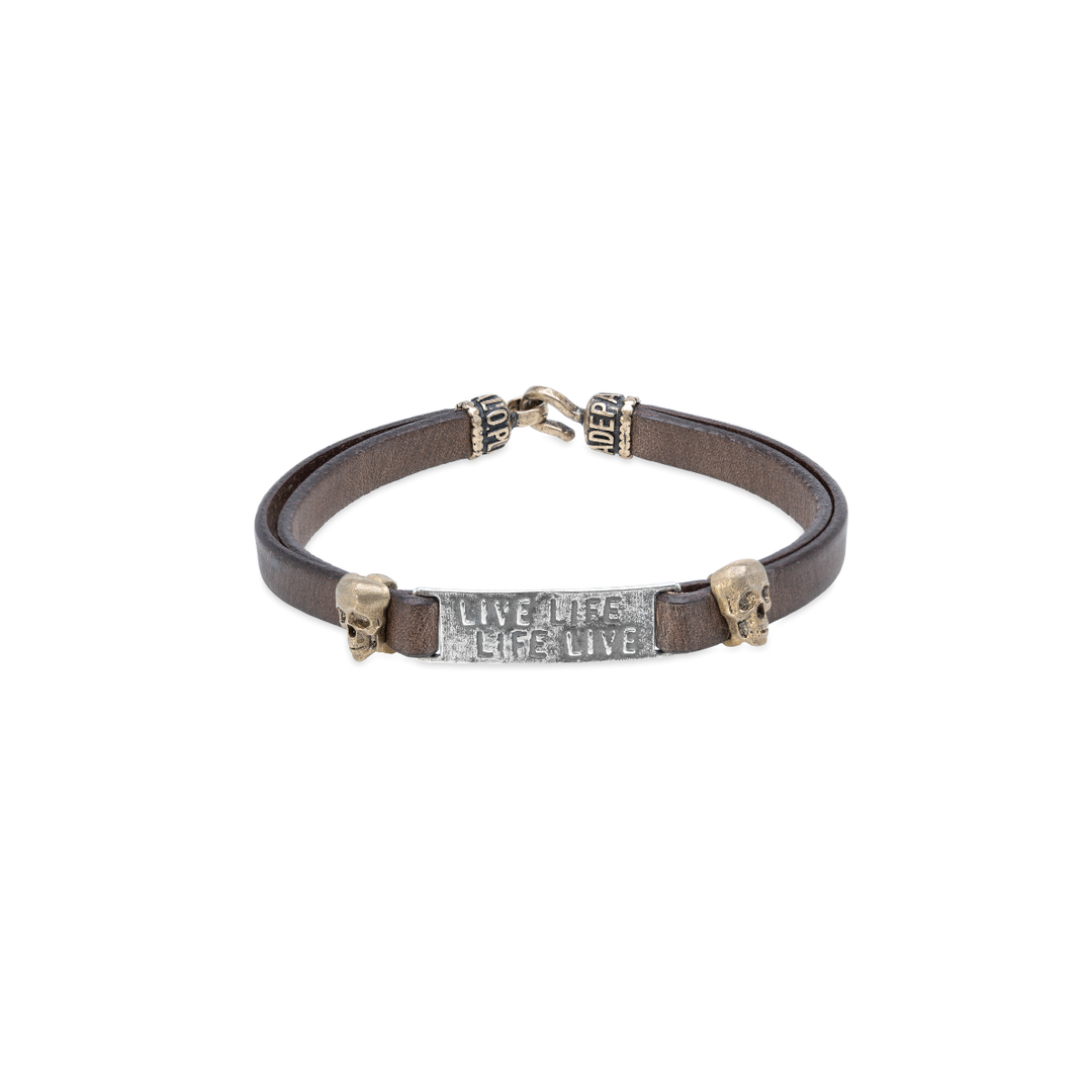 Pulsera Calavera Gnawa de Plata 925, cuero y bronce