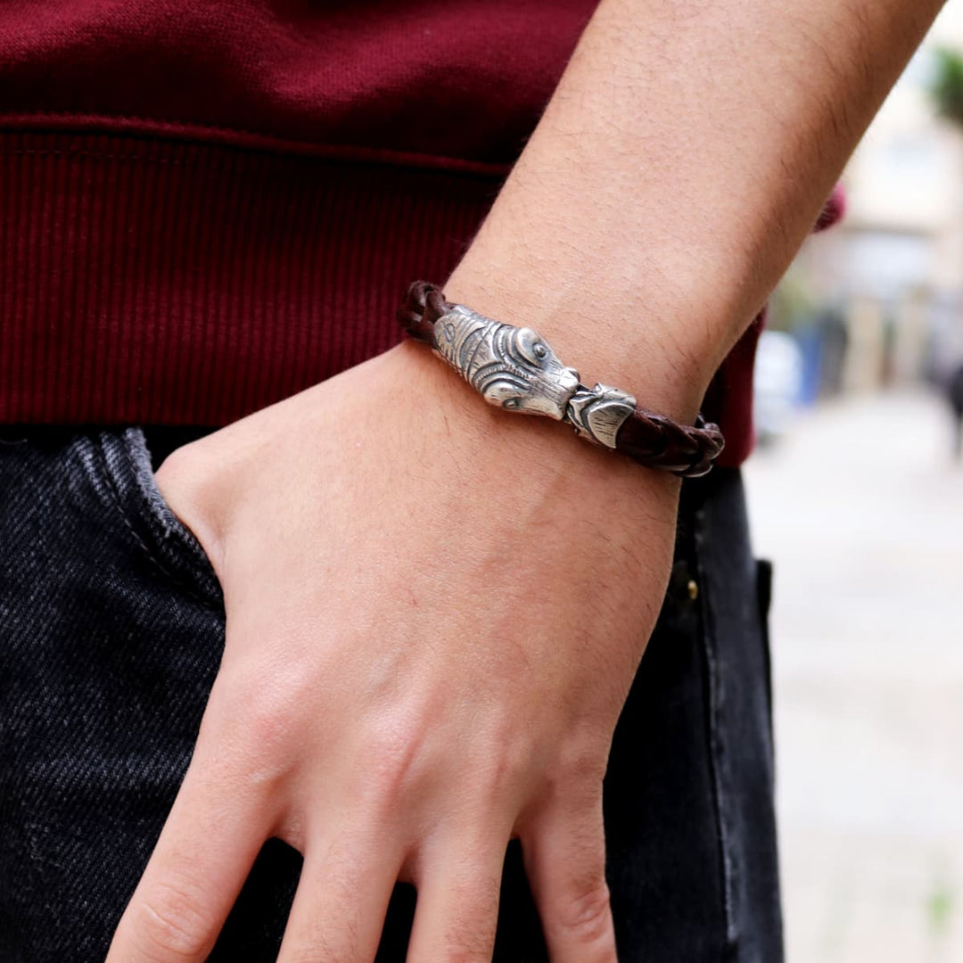 Ngurah Men's Buffalo and Snake Head Sterling Silver Bracelet