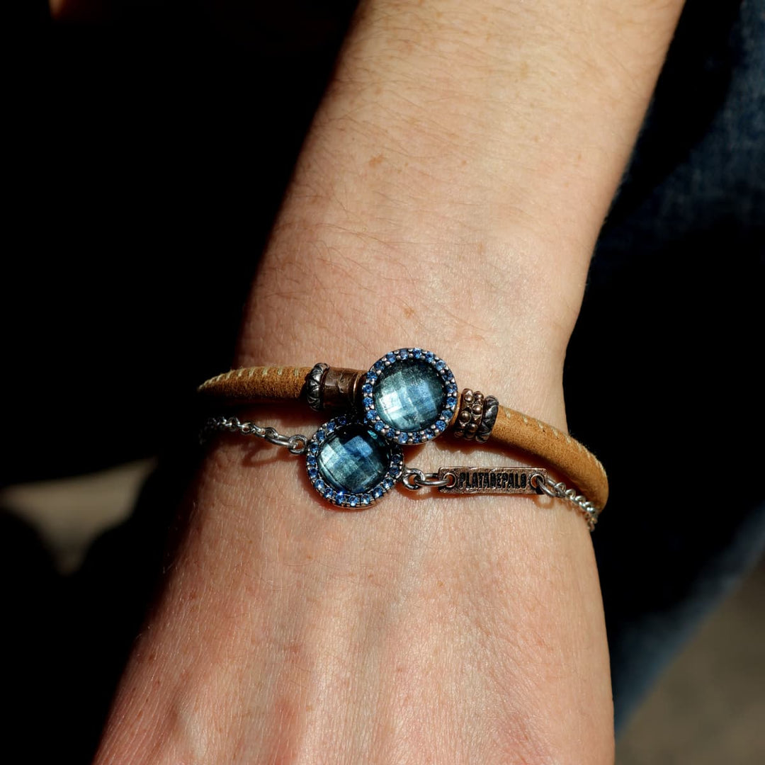 Pulsera Mujer Lina de Plata 925 con circonitas aguamarina y bronce
