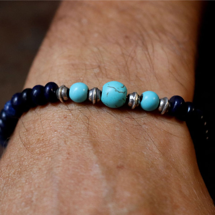 Pulsera de bolas hombre Soryu de lapizlázuli y turquesa con piezas de plata 925