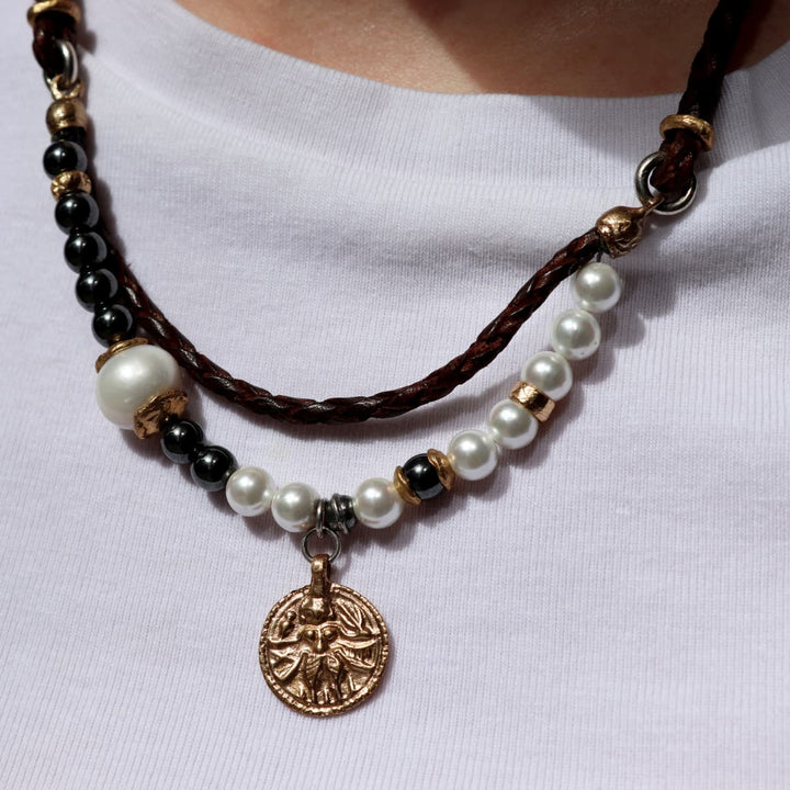 Collar Mujer Saida con Plata 925, bronce, cuero, perlas de agua dulce y hematites