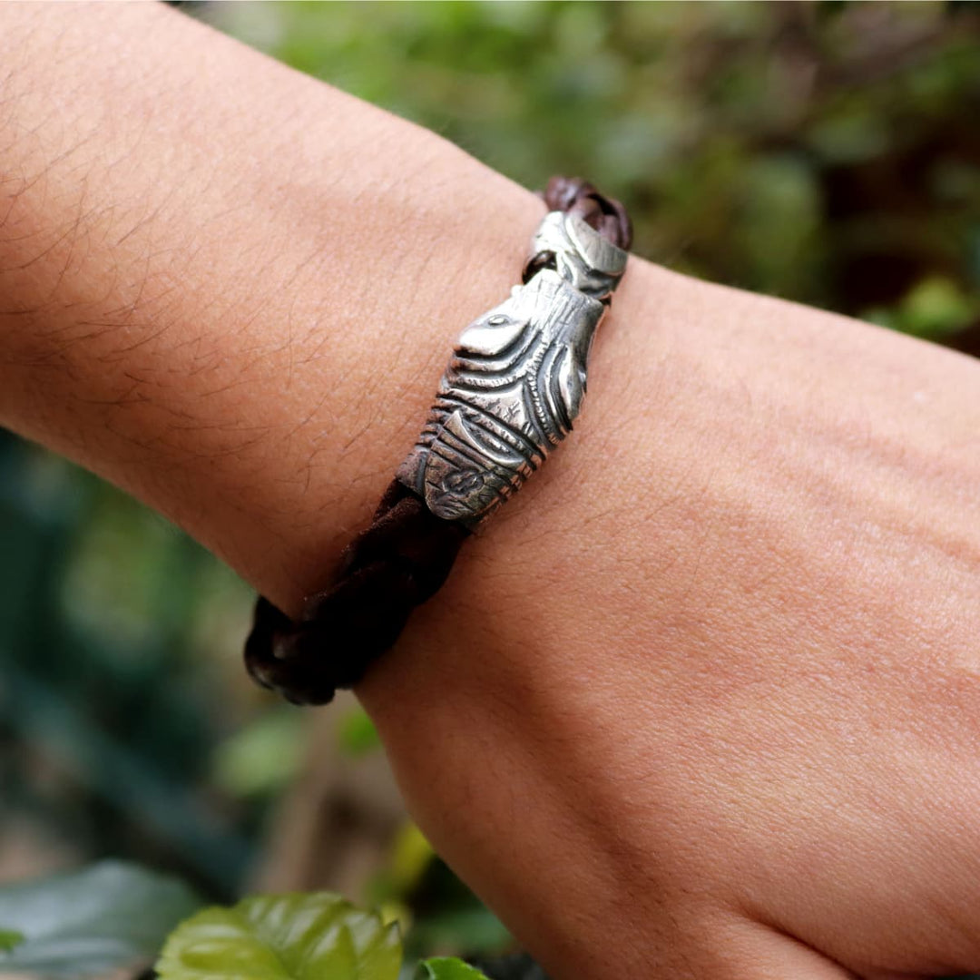 Ngurah Men's Buffalo and Snake Head Sterling Silver Bracelet