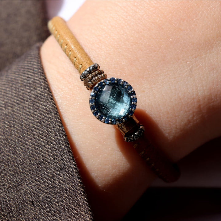 Pulsera Mujer Bruma de Plata 925 con circonitas aguamarina cuero
