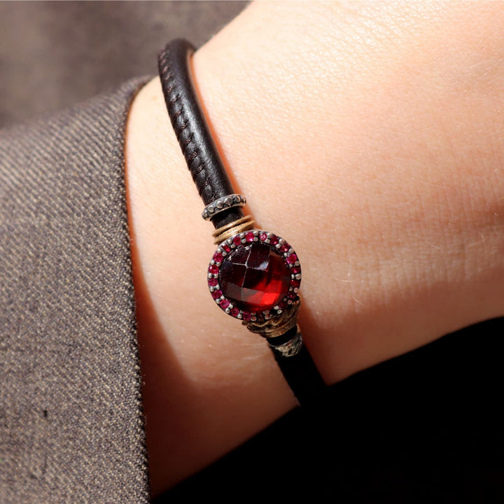 Pulsera Mujer Sienna de Plata 925 con circonitas granate cuero