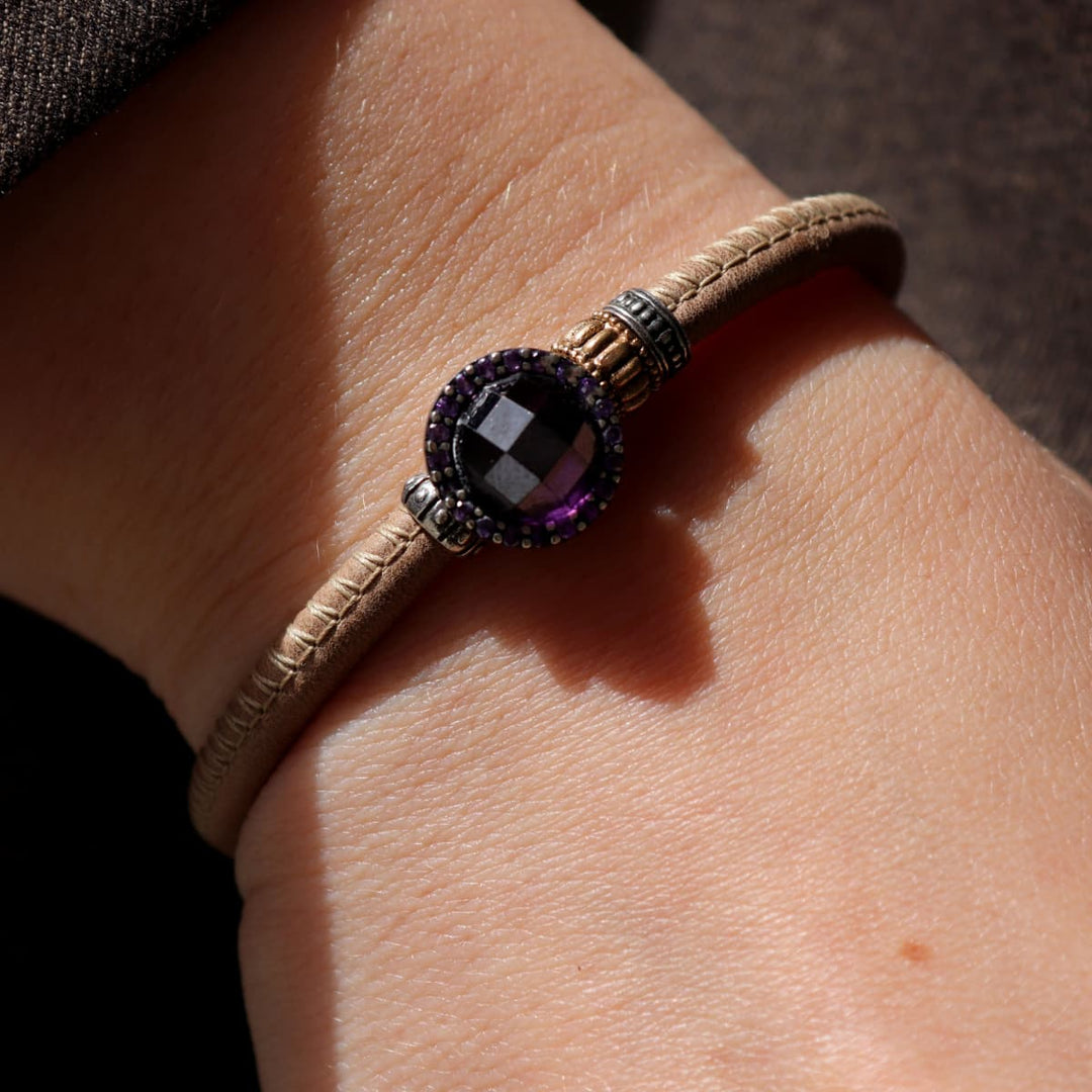 Pulsera Mujer Menara de Plata 925 con circonitas amatista cuero