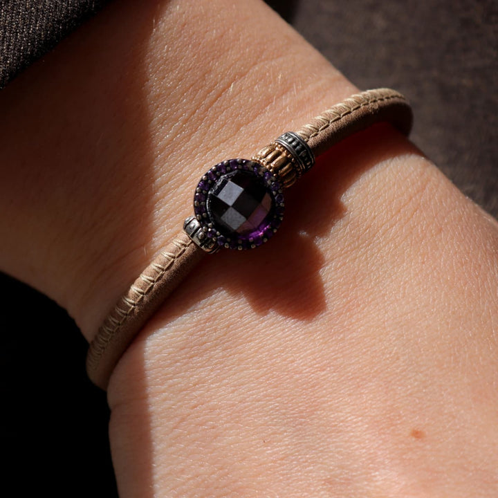 Pulsera Mujer Menara de Plata 925 con circonitas amatista cuero