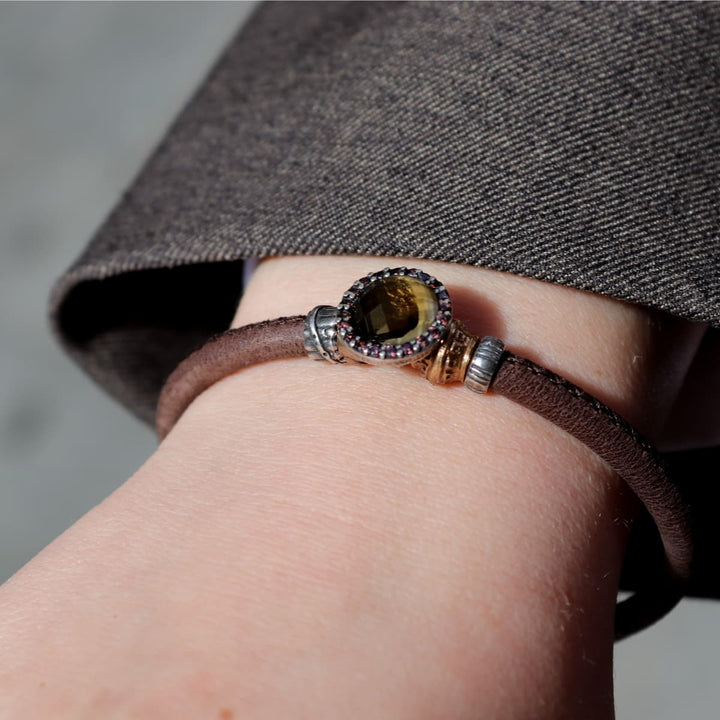 Pulsera Mujer Sahara de Plata 925 con circonitas cuarzo fumé cuero