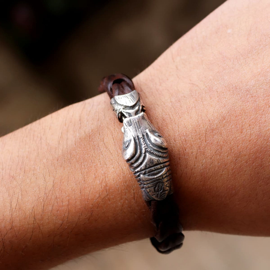 Ngurah Men's Buffalo and Snake Head Sterling Silver Bracelet