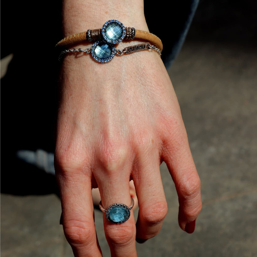 Pulsera Mujer Bruma de Plata 925 con circonitas aguamarina cuero
