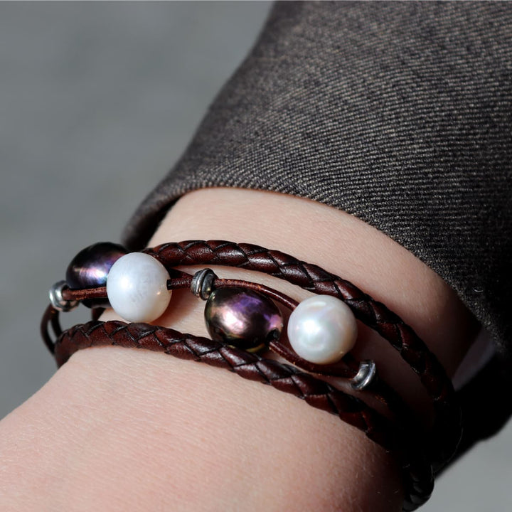 Pulsera Mujer Dalia con Plata 925, cuero y perlas de agua dulce