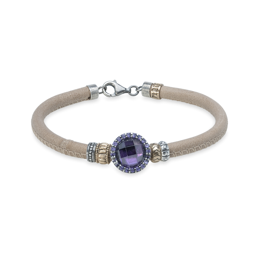 Pulsera Mujer Menara de Plata 925 con circonitas amatista cuero