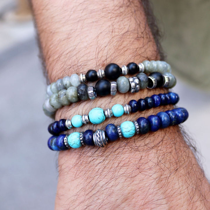 Pulsera de bolas hombre Soryu de lapizlázuli y turquesa con piezas de plata 925