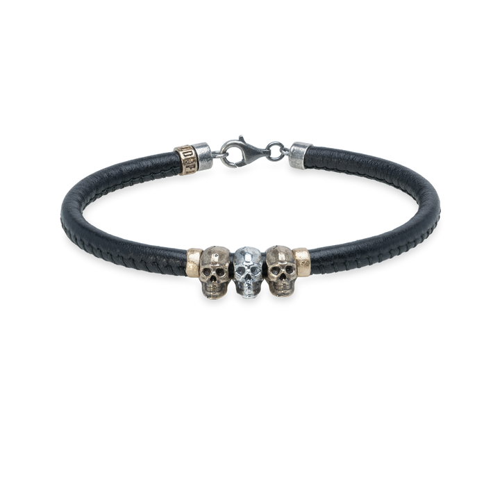 Pulsera Calavera Rif de Plata 925, cuero y bronce