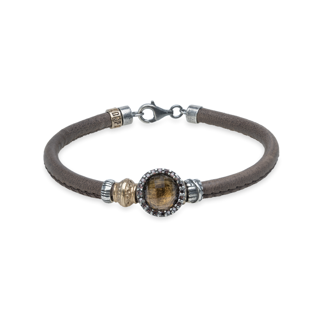 Pulsera Mujer Sahara de Plata 925 con circonitas cuarzo fumé cuero