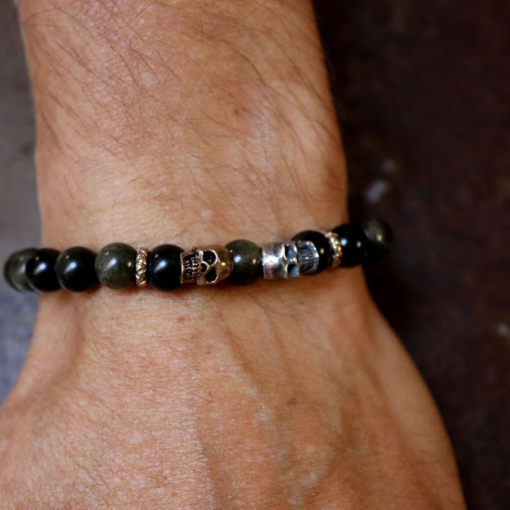 Obsidian Shinigami bead bracelet with 925 silver and bronze skulls