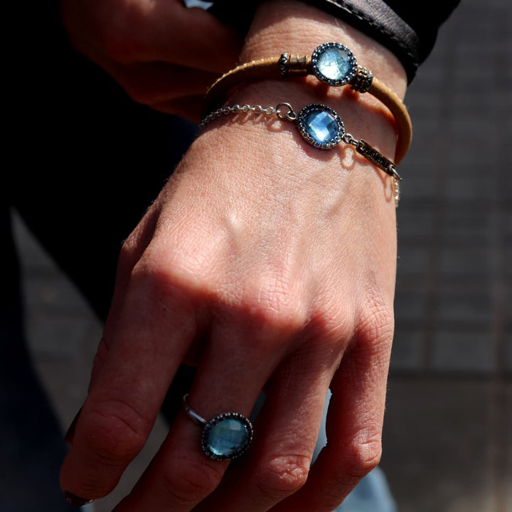 Pulsera Mujer Lina de Plata 925 con circonitas aguamarina y bronce