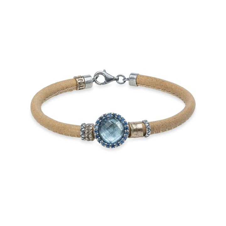 Pulsera Mujer Bruma de Plata 925 con circonitas aguamarina cuero