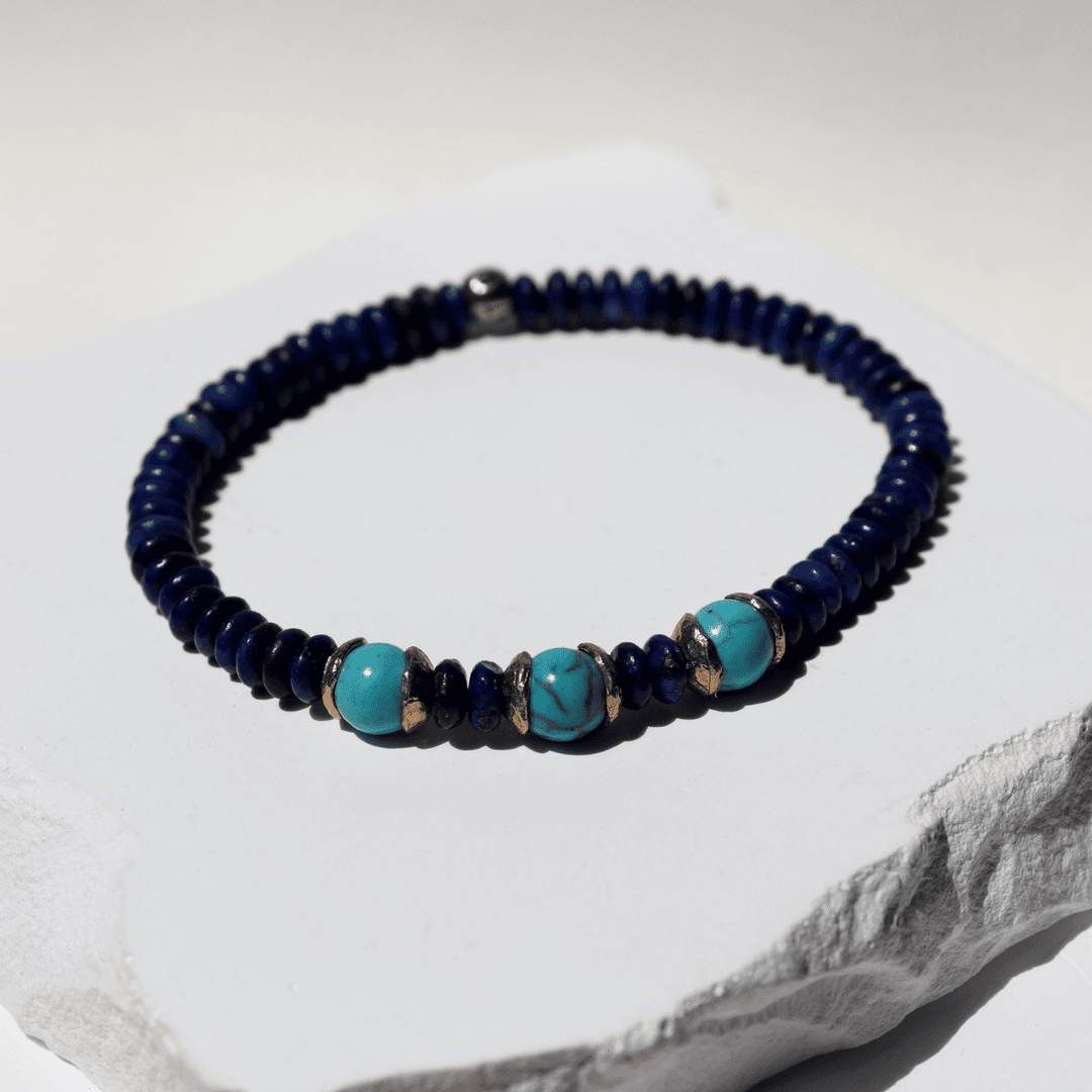 Pulsera de bolas de mujer Hakanai de lapizlázuli y turquesa con piezas de plata 925