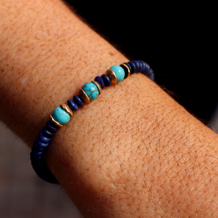 Pulsera de bolas de mujer Hakanai de lapizlázuli y turquesa con piezas de plata 925