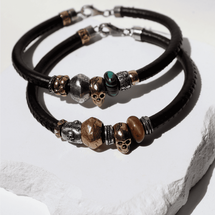 Tatakai leather bracelet with bronze skull and tiger's eye resin