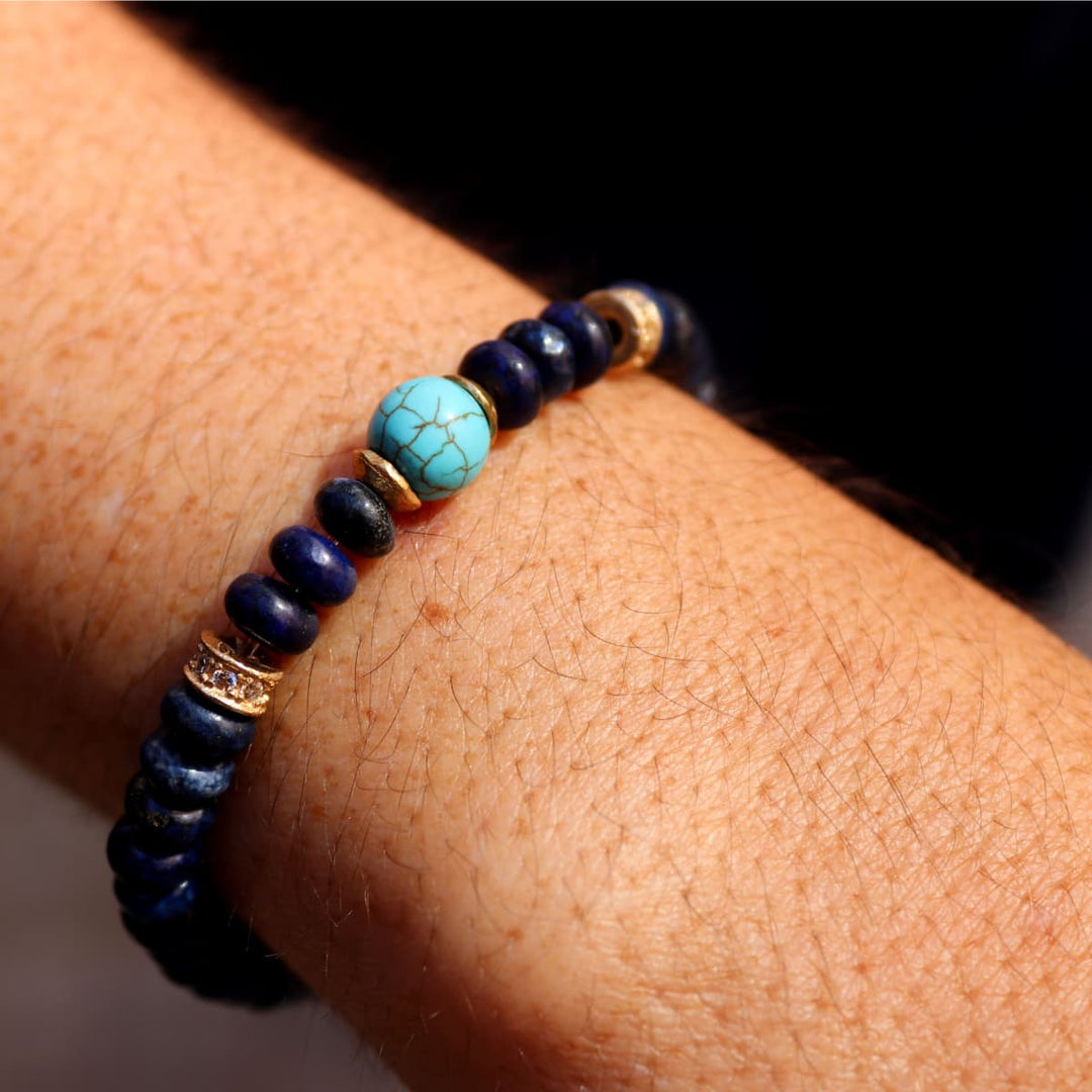 Pulsera de bolas de mujer Kokoro de lapizlázuli y turquesa con piezas de plata 925