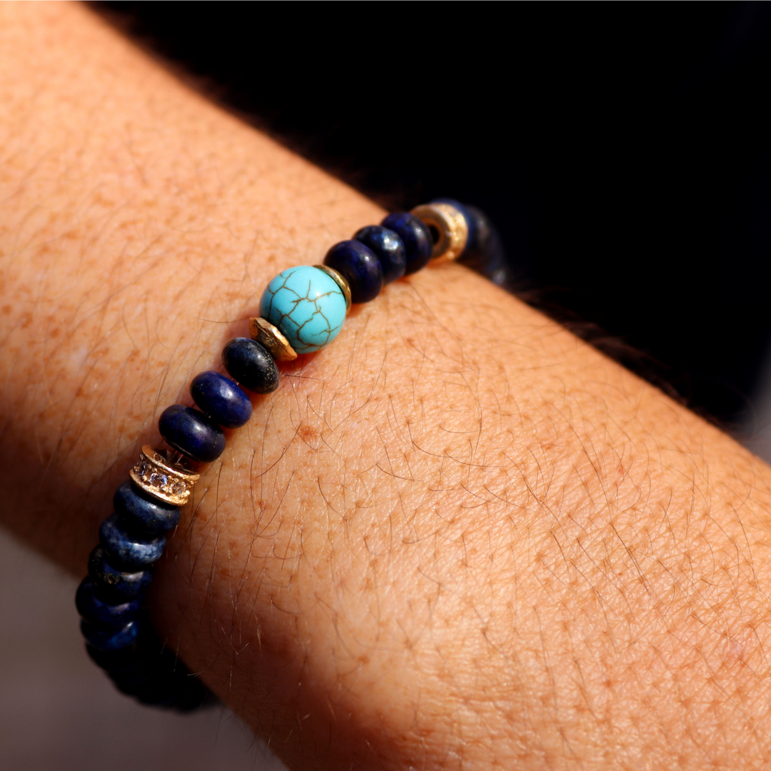 Pulsera de bolas de mujer Kokoro de lapizlázuli y turquesa con piezas de plata 925