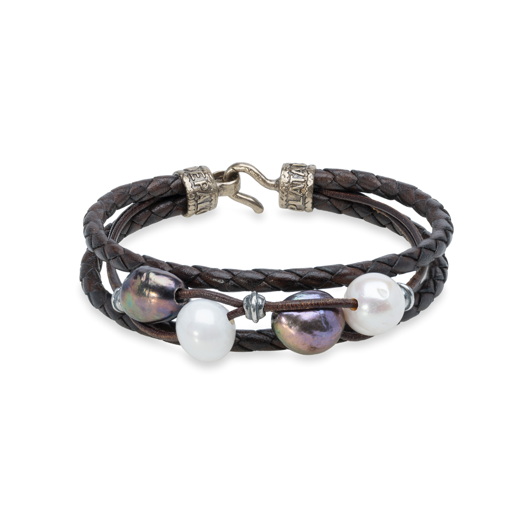 Pulsera Mujer Dalia con Plata 925, cuero y perlas de agua dulce