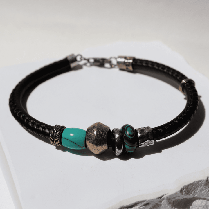 Jonetsu Damen-Lederarmband mit Bronze- und Türkisstücken