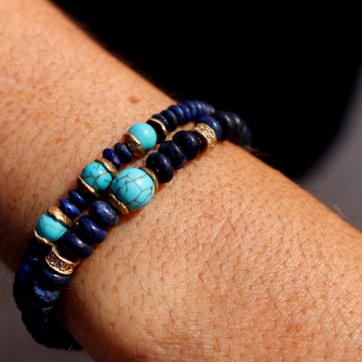 Pulsera de bolas de mujer Kokoro de lapizlázuli y turquesa con piezas de plata 925