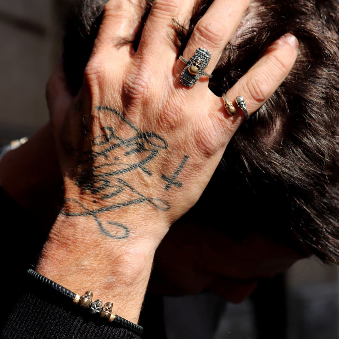 Pulsera Calavera Rif de Plata 925, cuero y bronce