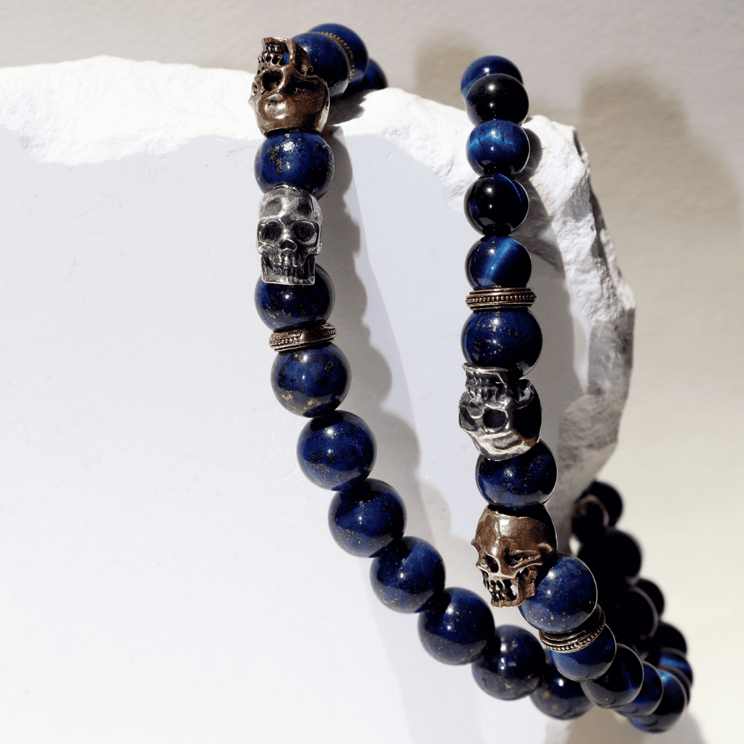 Yūrei blue tiger's eye bead bracelet with 925 silver and bronze skulls
