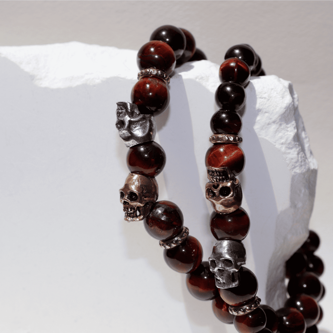 Pulsera de bolas Meiyo de ojo de buey con calaveras de plata 925 y bronce