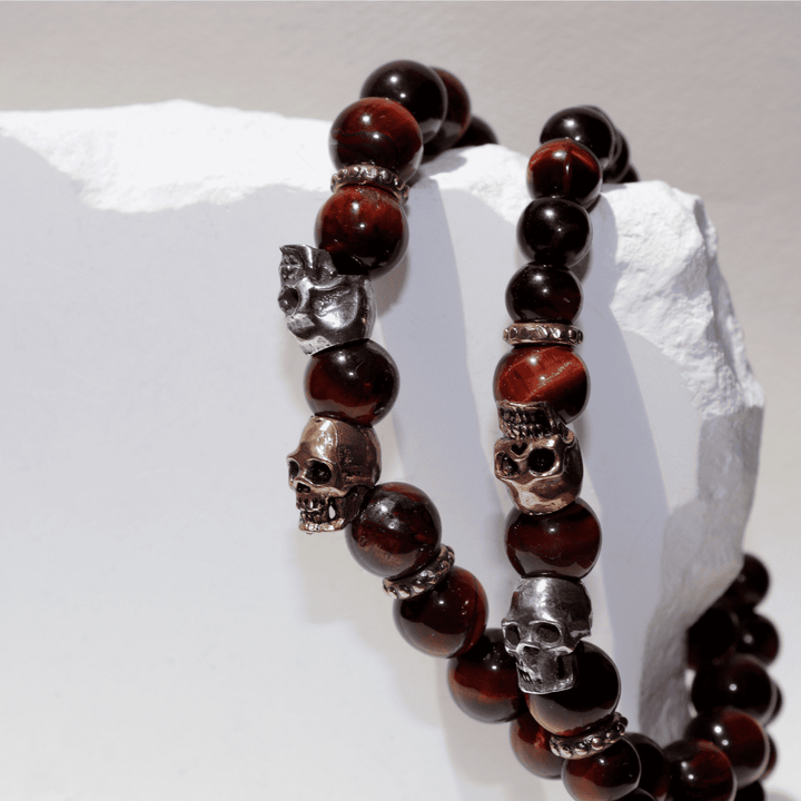 Pulsera de bolas Meiyo de ojo de buey con calaveras de plata 925 y bronce