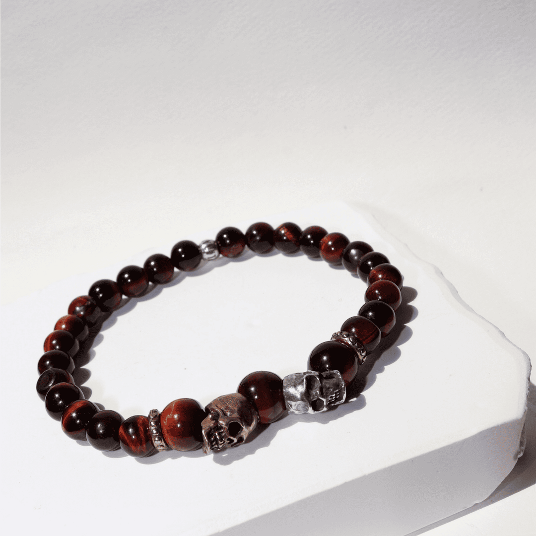 Pulsera de bolas Meiyo de ojo de buey con calaveras de plata 925 y bronce