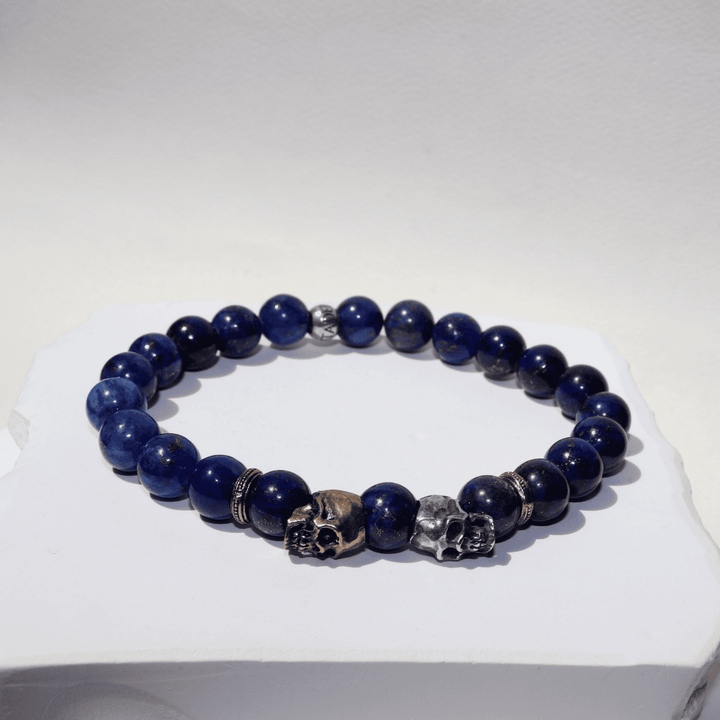 Yūrei blue tiger's eye bead bracelet with 925 silver and bronze skulls