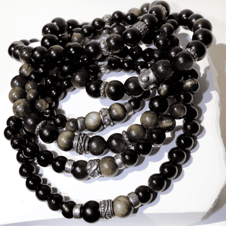 Pulsera de bolas de hombre Seishin de obisidiana y plata 925