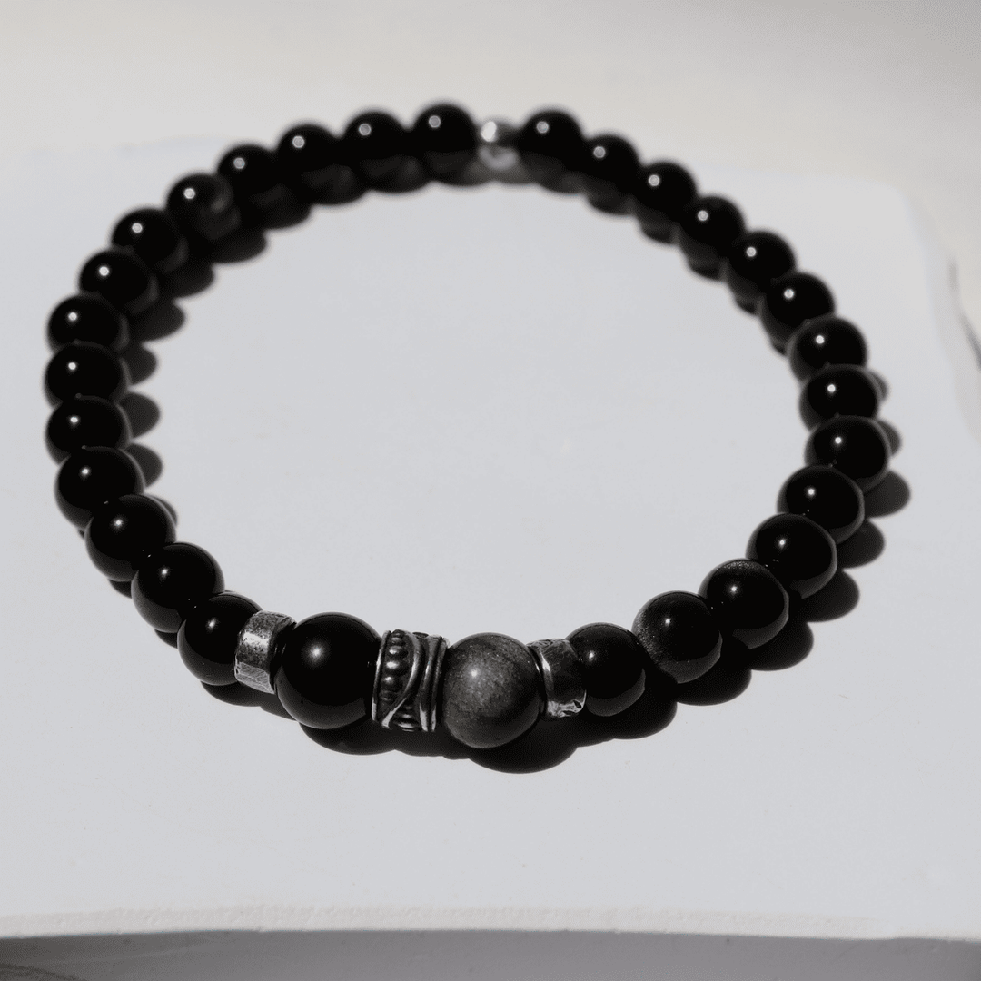 Pulsera de bolas de hombre Shiranui de obisidiana y plata 925