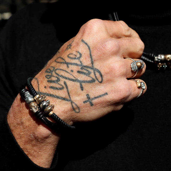 Pulsera Calavera Rif de Plata 925, cuero y bronce