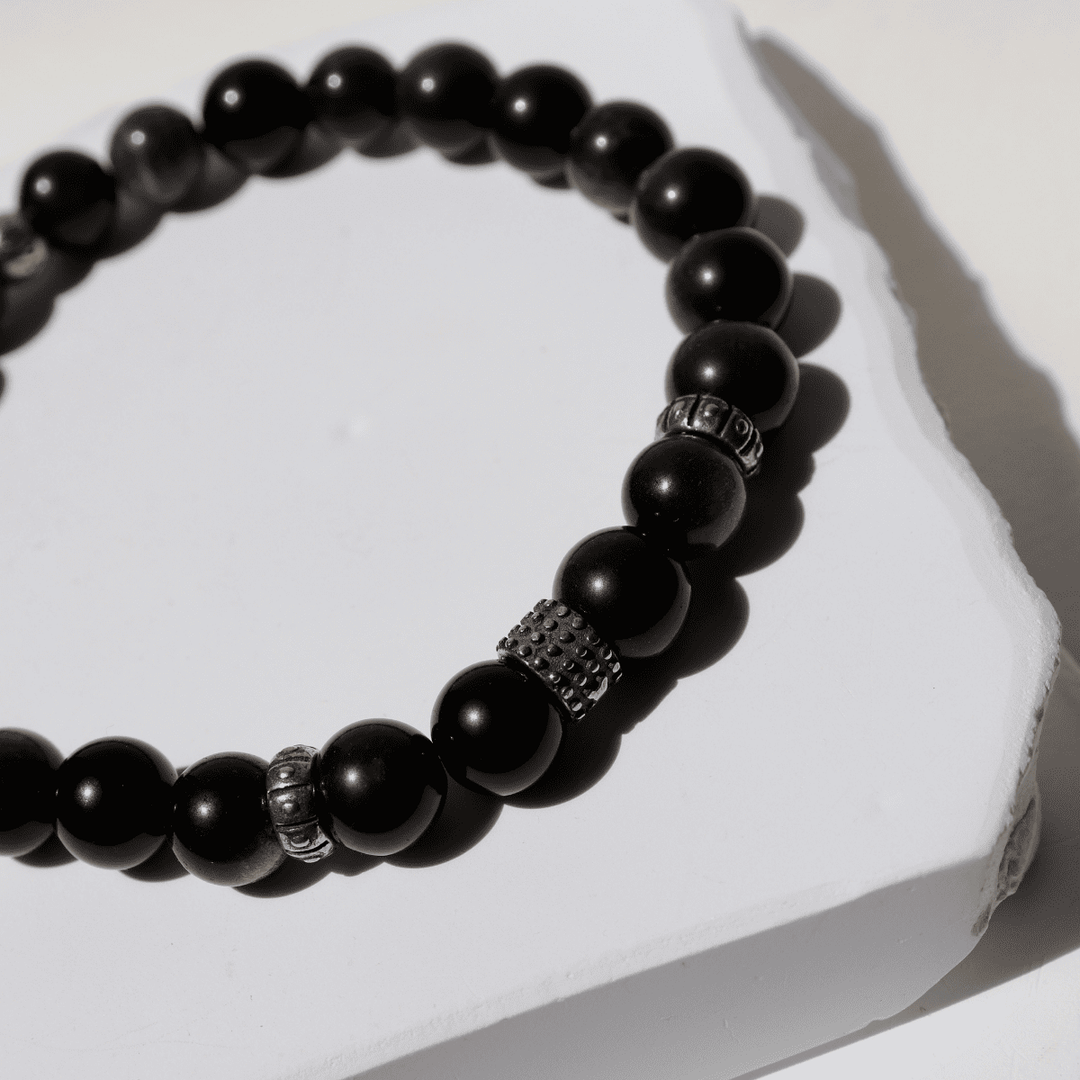 Pulsera de bolas de hombre Gekko de obisidiana y plata 925