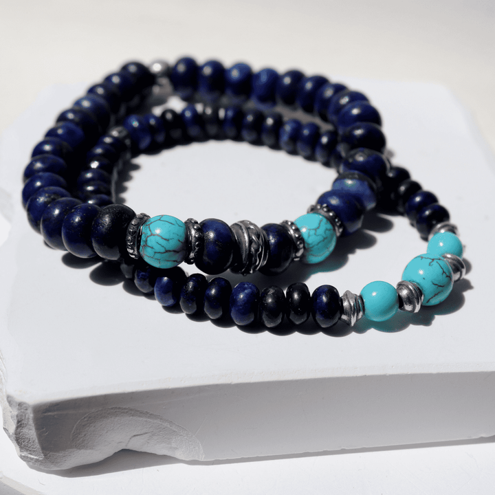 Pulsera de bolas hombre Soryu de lapizlázuli y turquesa con piezas de plata 925